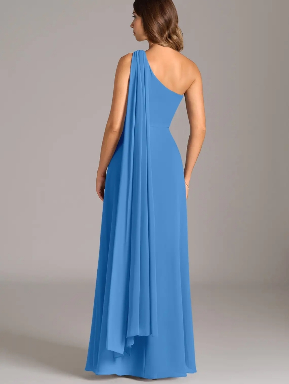 Kay Unger Steel Blue One-Shoulder Gown with Sash – Size 10 - Picture 4 of 15
